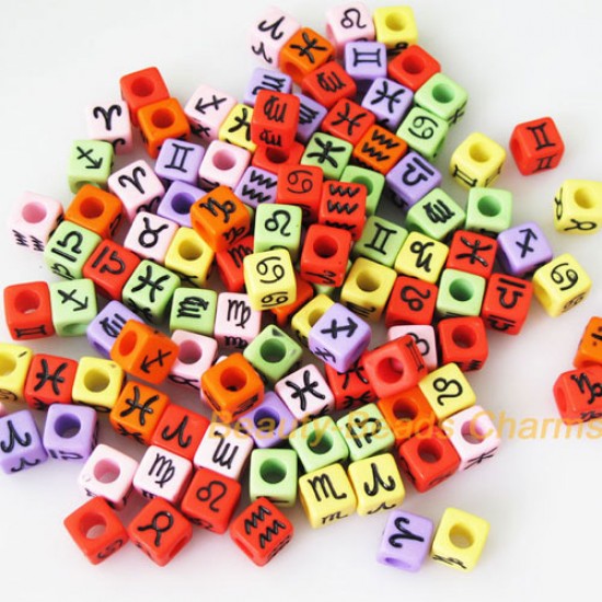 100Pcs Mixed Constellation Cube Acrylic  Beads, 7mm, hole: 3.8mm, Mix color