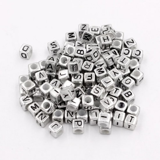100 Pcs Acrylic Mixed silver Alphabet Letter Cube Beads hole:3.8mm, 7x7mm