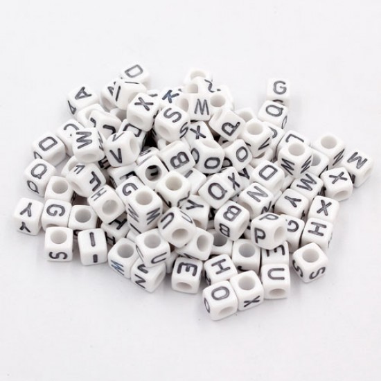 100 Pcs Acrylic Mixed Alphabet Letter Cube Beads hole:3.8mm, 7mm, white and black letter