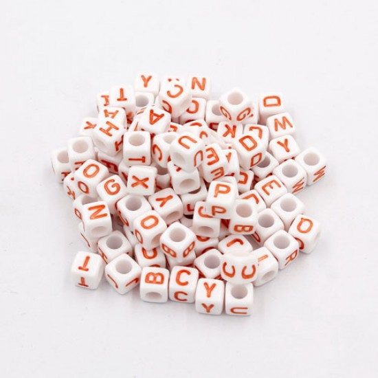 100 Pcs Acrylic Mixed Alphabet Letter Cube Beads hole:3.8mm, 7mm, white and orange letter