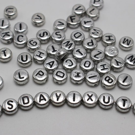 100Pcs Mixed Acrylic Flat Round Disc Alphabet Letter Spacer Beads 7x4mm, silver and  black color letter