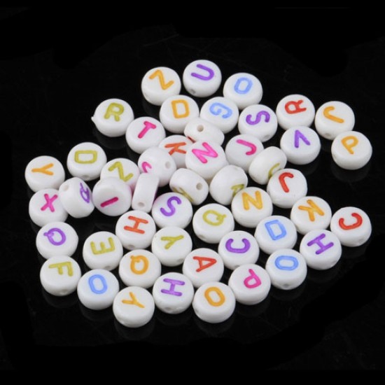 100Pcs Mixed Acrylic Flat Round Disc Alphabet Letter Spacer Beads 7x4mm, white and  multi color letter
