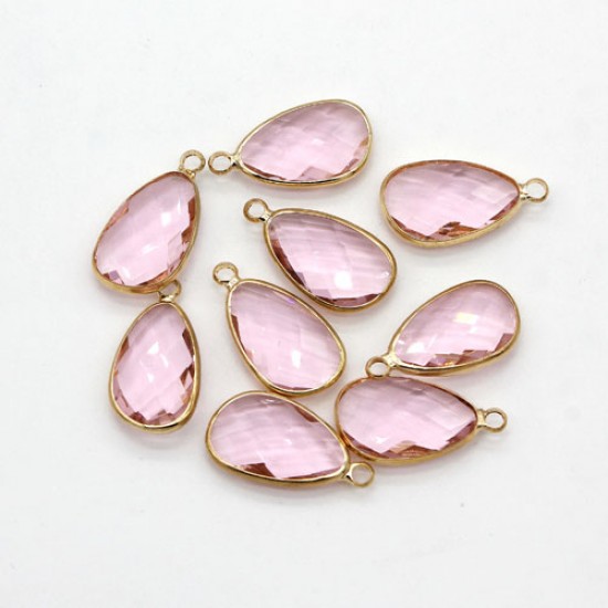 5Pcs 11x21mm pink Glass crystal Connecter Bezel pendant, Drops Gold Plated one Loops