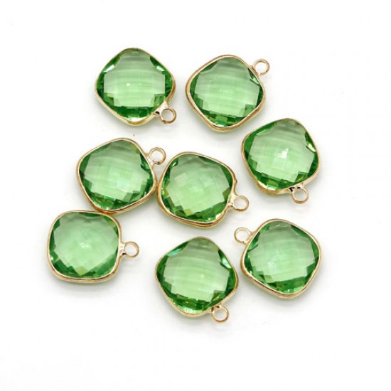 5Pcs 14x18mm lime green square Glass crystal Connecter Bezel pendant, Drops Gold Plated one Loops