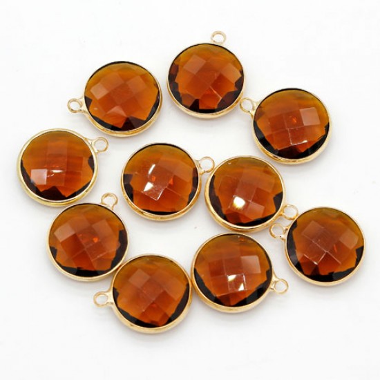 5Pcs 16x20mm amber Round Glass crystal Connecter Bezel pendant, Drops Gold Plated one Loops