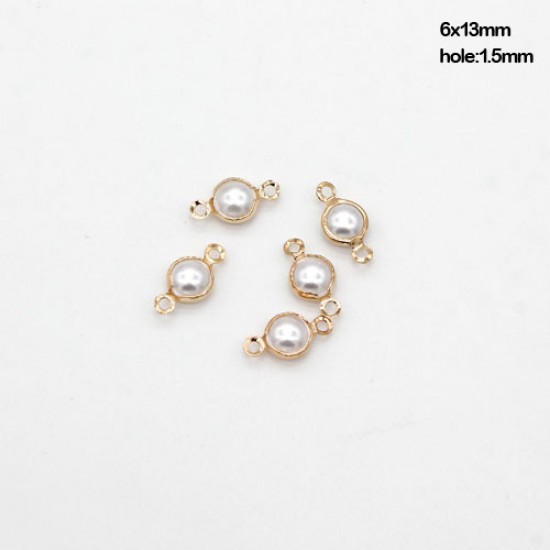 100Pcs 6x13mm Round pearl Connecter Bezel pendant, Drops Gold Plated Two Loops