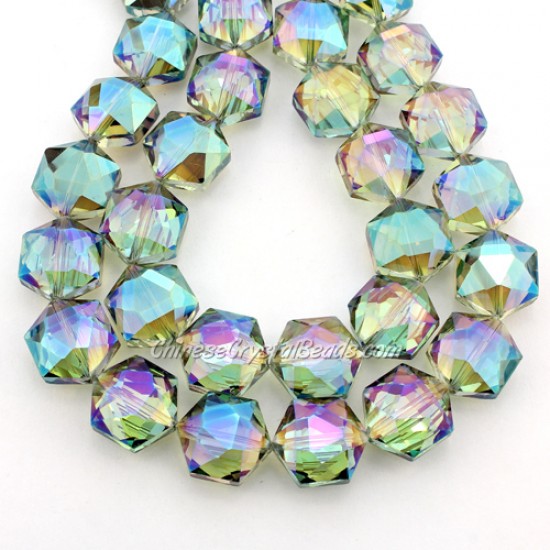 crystal faceted Hexagon beads, 14x16mm, green light,  per pkg of 8pcs