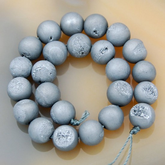 Metallic Titanium Coated Gray Natural Agate Druzy Beads 8mmm 10mm 12mm 14mm
