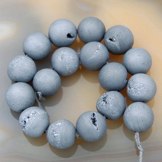 Metallic Titanium Coated Gray Natural Agate Druzy Beads 8mmm 10mm 12mm 14mm