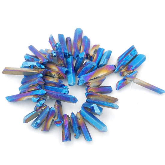 Metalic blue Natural Quartz Crystal Druzy Freeform Stick Titanium Coated Loose Beads 37cm