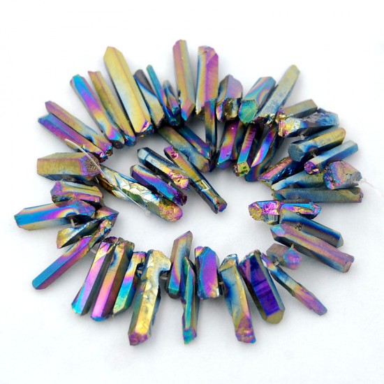 Metalic Rainbow Natural Quartz Crystal Druzy Freeform Stick Titanium Coated Loose Beads 37cm