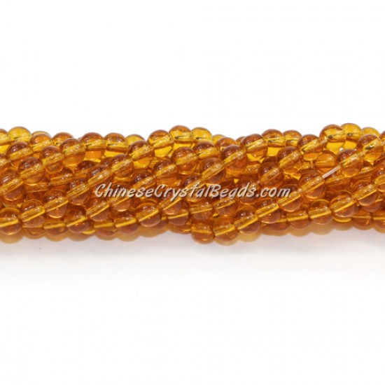 Chinese 4mm Round Glass Beads Amber, hole 1mm, about 80pcs per strand