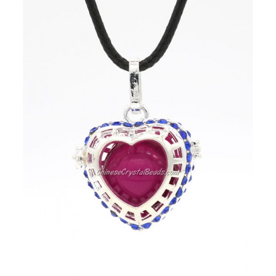Heart pave blue crystal  Harmony Ball Pendant Women Necklace, silver plated brass, 1pc