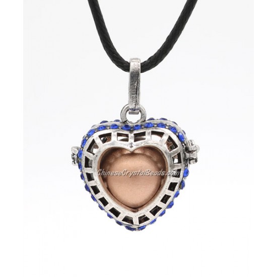 Heart pave blue crystal  Harmony Ball Pendant Women Necklace, antique silver plated brass, 1pc