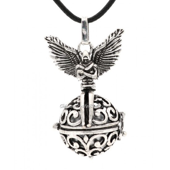 Angel Harmony Ball Pendant Women Necklace with 30 inchChain For Pregnant Women, antique silver plated brass, 1pc