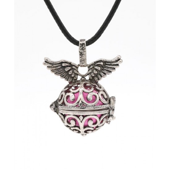 Angel wings Harmony Ball Pendant Women Necklace with 30 inchChain For Pregnant Women, antique silver plated brass, 1pc