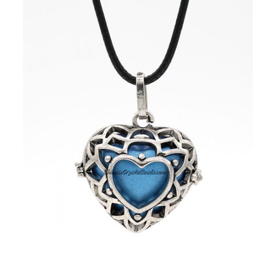 heart shape harmony ball necklace Mexican bola ball angel caller, antique silver plated brass, 1pc