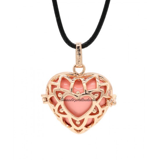 heart shape harmony ball necklace Mexican bola ball angel caller, rose gold plated brass, 1pc