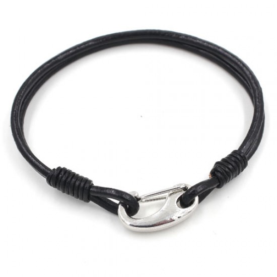 Carabiner Clasp Bracelet, 2.5mm round leather, 2-Coil black leather Bracelet