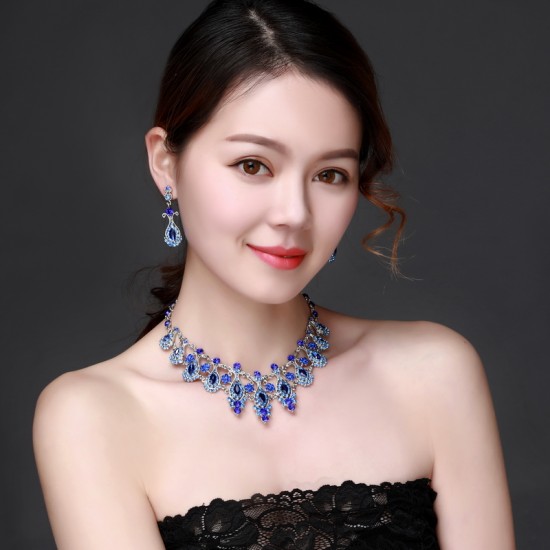Blue Crystal Rhinestone Crystal Statement Necklace - Luxury Elegant Fashion European Baroque Flower Necklace For Party