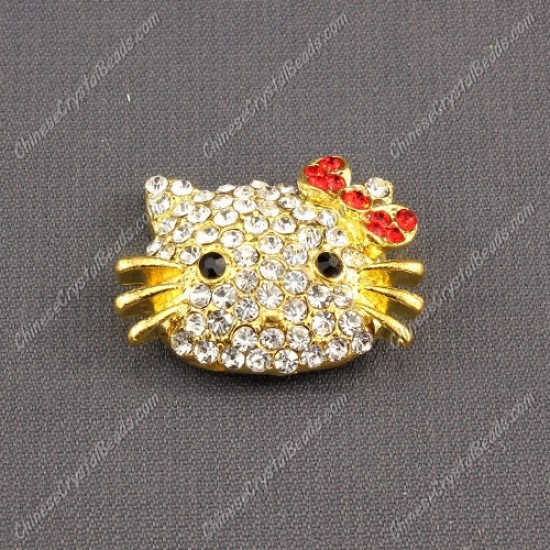 Pave Cat head pendant gold plated 20x27mm, red bow, sold 1pcs