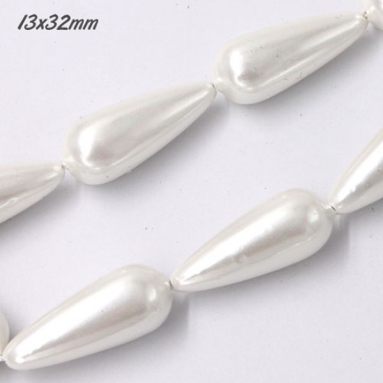 13x32mm drop shell pearl beads, hole 1mm, 15 inch, 13 pieces