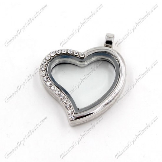 Heart Glass Floating Lockets Memory Locket, 25x28mm, silver plated, pave crystal Rhinestone, Magnetic clasp, 1 piece
