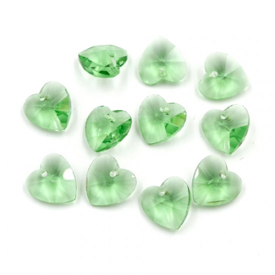 10Pcs 14mm crystal heart pendant, hole 1.5mm, green