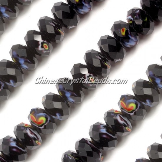 Millefiori Crystal faceted rondelle Beads, black(jet), 8x14mm, 20 beads