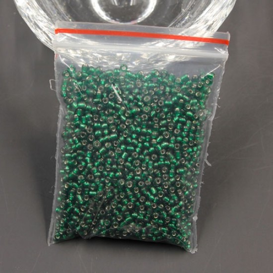 Glass Seed Beads, Round, silver-lined, about 2mm,  #28, emerald, Sold By 30 gram per bag