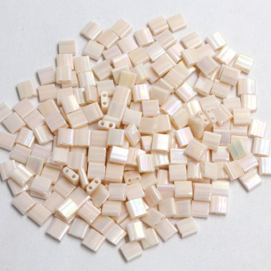 Chinese 5mm Tila Square Bead, opaque lt peach AB, about 100Pcs