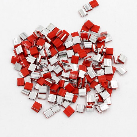 Chinese 5mm Tila Square Bead opaque red half silver about 100Pcs