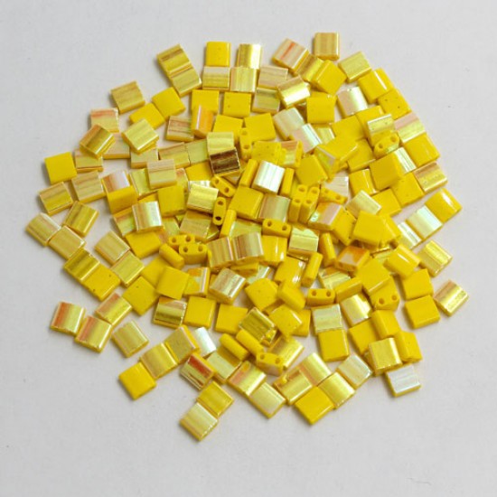 Chinese 5mm Tila Square Bead opaque yellow half AB about 100Pcs