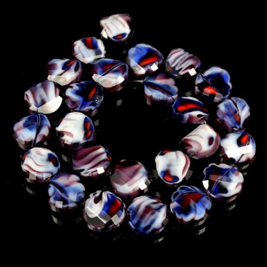 Millefiori Twist faceted Beads white/blue/brown, 14mm, 10 beads