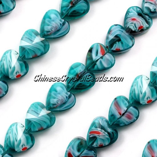 Millefiori 14mm faceted heart Beads indicolite/white/red 10 beads