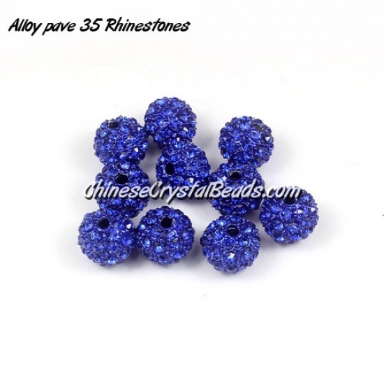 Alloy pave 35 Rhinestones disco 10mm beads , sapphire, Pave, 10 pcs