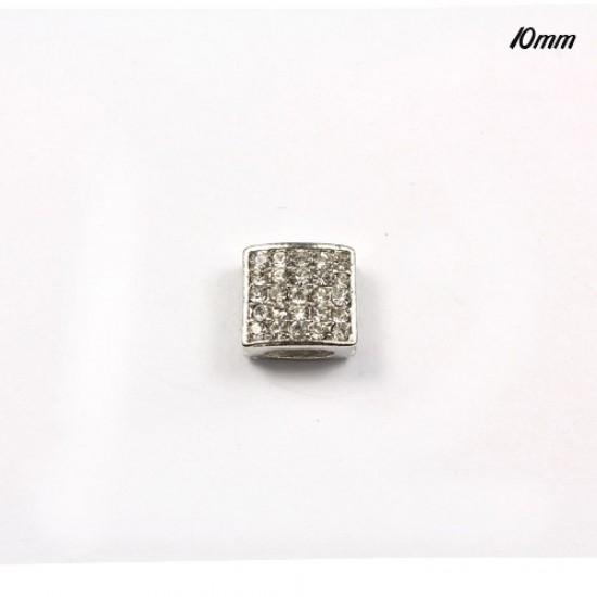 Pave square beads, silver, 10mm, sold per 12 pieces
