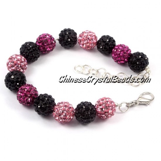 Disco Ball Bracelets, 14pcs, small bead chain, Clasp, lobster claw, black/fuchsia/pink
