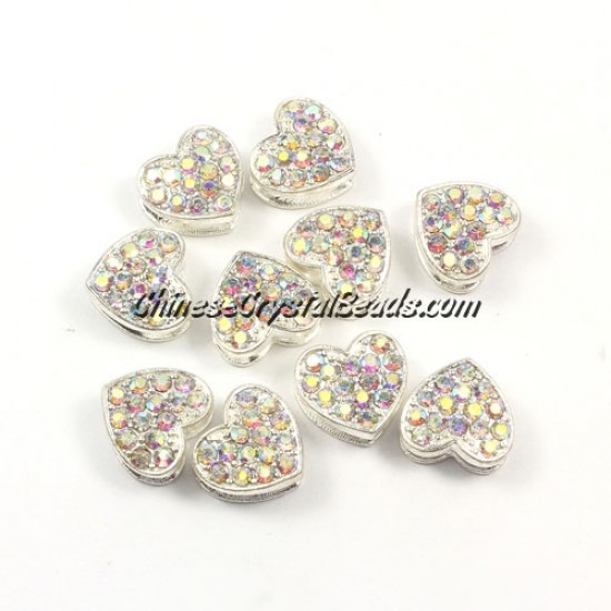 Pave heart beads, alloy, crystal AB, hole 1.5mm, 6x11x12mm, sold 10pcs