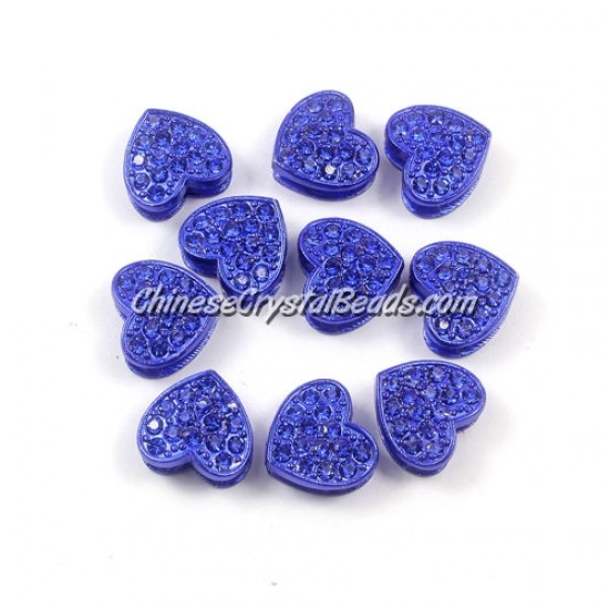 Pave heart beads, alloy, navy blue, hole 1.5mm, 6x11x12mm, sold 10pcs