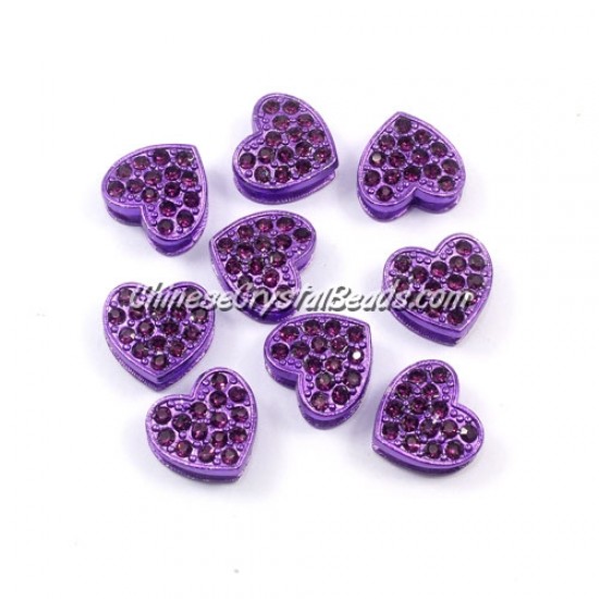 Pave heart beads, alloy, violet, hole 1.5mm, 6x11x12mm, sold 10pcs