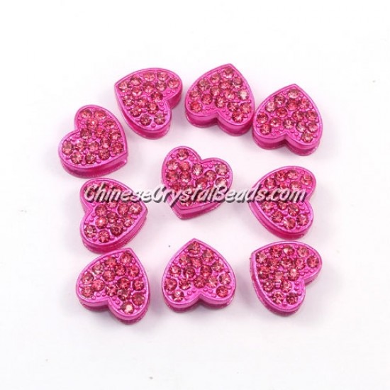 Pave heart beads, alloy, fuchsia, hole 1.5mm, 6x11x12mm, sold 10pcs