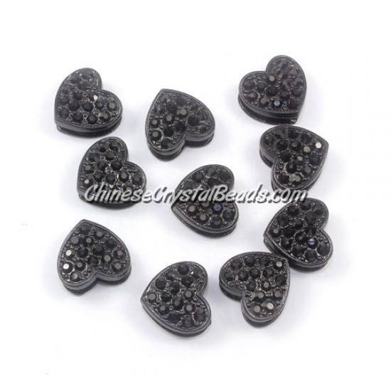 Pave heart beads, alloy, black, hole 1.5mm, 6x11x12mm, sold 10pcs