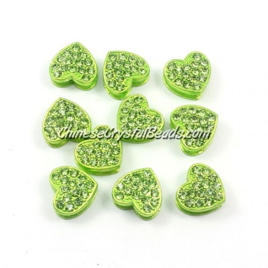 Pave heart beads, alloy, green, hole 1.5mm, 6x11x12mm, sold 10pcs