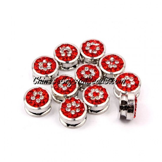 Pave button beads, red flower, silver-plated copper, 10mm , Sold per pkg of 10 pcs