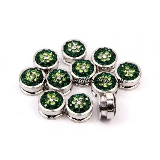 Pave button beads, green flower, silver-plated copper, 10mm , Sold per pkg of 10 pcs