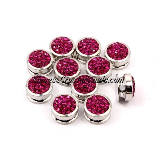 Pave button beads, fuchsia, silver-plated copper, 10mm , Sold per pkg of 10 pcs