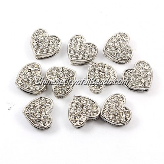 Pave heart beads, alloy, silver, hole 1.5mm, 6x11x12mm, sold 10pcs