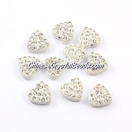 Pave heart beads, alloy, white, hole 1.5mm, 6x10x10mm, sold per pkg of 10pcs