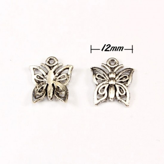 Charm, antiqued silver-finished inchpewterinch (zinc-based alloy), 12mm butterfly. Sold per pkg of 50.